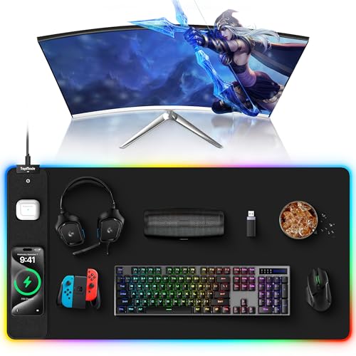 TopMade Wireless Charging RGB Mouse Pad, Waterproof Gaming Desk Pad with 4 Light Modes & 11 RGB Colors, Ultra-Smooth Surface, Non-Slip Base, 31.5"x15.75" XXL Large Desk Mat for MacBook, PC, Laptop - color: Rgb - Black
