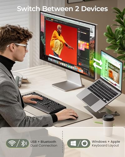 seenda COE200 Wireless Bluetooth Keyboard and Mouse Combo with Wrist Rest | USB/Bluetooth multi-device switching, quiet keys & clicks, full-size ergonomic set for PC, laptop, Mac, MacBook, Black - color: Black