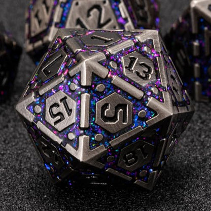 Metal D&D Dice Set, Polyhedral Metallic Dice with Cracks for Dungeons and Dragons RPG TTRPG DND 7-Die Set with Gift Case - color: Ancient Nickel Purple