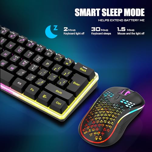 RedThunder 60% Wireless Gaming Keyboard and Mouse Combo, 2500mAh Rechargeable Battery, Ultra-Compact Small RGB Mechanical Feel Keyboard, Lightweight Honeycomb Optical Mouse for Gaming/Business, Black - style: 02 Black Wireless Combo