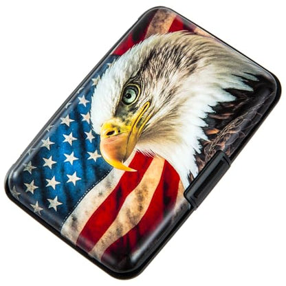 Credit Card Holder Small RFID Blocking Wallet Business Metal Slim Mini Aluminum Hard Case for Women Men - color: American Flag Bald Eagle