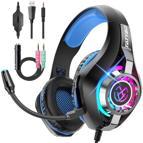 Tatybo Gaming Headset for PC, Ps5, Ps4, Switch, Mobile, Xbox Headset with Deep Bass Stereo Sound, Over Ear Gaming Headphones with Noise Canceling Mic, RGB, Ps5 Headset for Nintendo, Xbox - color: Black Blue