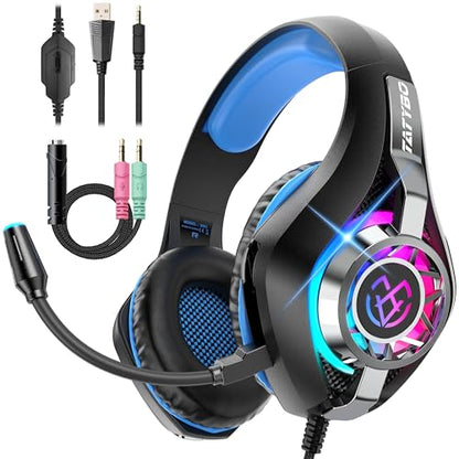 Tatybo Gaming Headset for PC, Ps5, Ps4, Switch, Mobile, Xbox Headset with Deep Bass Stereo Sound, Over Ear Gaming Headphones with Noise Canceling Mic, RGB, Ps5 Headset for Nintendo, Xbox - color: Black Blue