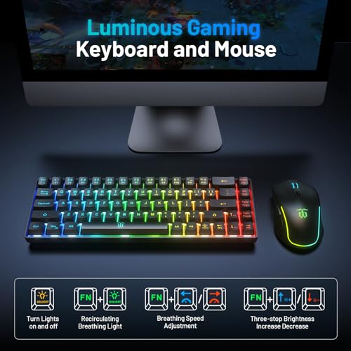 Snpurdiri 60% Wireless Gaming Keyboard and Mouse Combo,LED Backlit Rechargeable 2000mAh Battery,Small Membrane But Mechanical Feel Keyboard + Popular RGB Mice for Gaming,Business Office - color: Black Combo