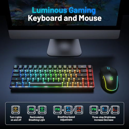 Snpurdiri 60% Wireless Gaming Keyboard and Mouse Combo,LED Backlit Rechargeable 2000mAh Battery,Small Membrane But Mechanical Feel Keyboard + Popular RGB Mice for Gaming,Business Office - color: Black Combo