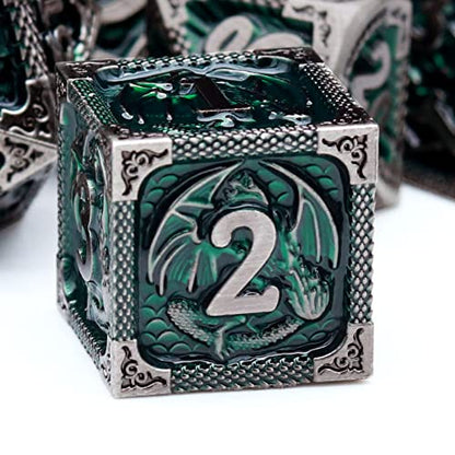 Haxtec Metal DND Dice Set, 7 Pcs Dragon Pattern Polyhedral Dice for RPG | Antique Green D&D Dice with Leather Bag, Compatible with Dungeons and Dragons, Heavy Metallic, TTRPG Gifts for Table Games - color: Iron Green