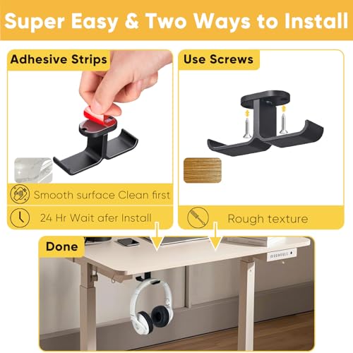 Under Desk Headphone Hanger with Strong Adhesive and Screws Mount, 360° Rotatable Dual Headset Holder Stand, Aluminum Metal Adjustable Headphone Hook, Perfect for Home Gaming & Office - Black - size: Black - 2 Headphones, Metal