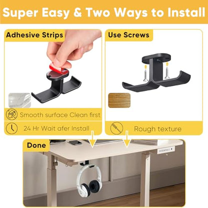 Under Desk Headphone Hanger with Strong Adhesive and Screws Mount, 360° Rotatable Dual Headset Holder Stand, Aluminum Metal Adjustable Headphone Hook, Perfect for Home Gaming & Office - Black - size: Black - 2 Headphones, Metal