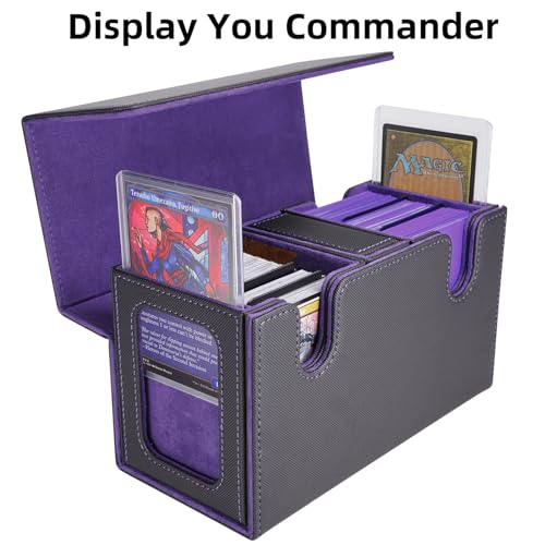 AFIING MTG Commander Deck Box 200 Double Sleeved Cards Storage, 3-in-1 Magnetic Card Case Organizer for Magic: The Gathering TCG CCG, 4 Dividers & 2 Toploaders Black/Purple - color: Black purple