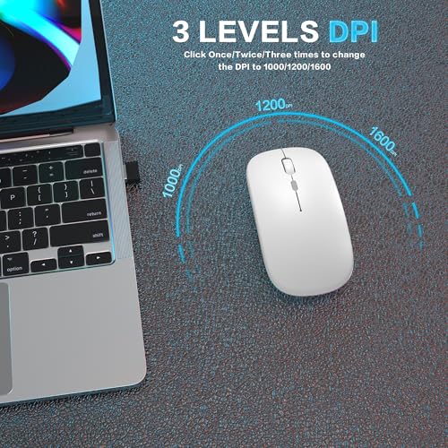 AIKOKOK Wireless Bluetooth Mouse, Rechargeable Dual Mode Mouse,Bright White | BT 5.2 & 2.4G USB Receiver, 3 Adjustable DPI,LED Lights,Slim,Silent,Portable Computer Mouse for Laptop,PC,MacBook,iPad,Tablet - color: Bright White