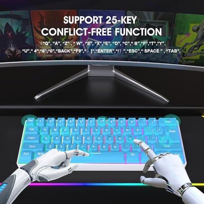Snpurdiri 60% Wired Gaming Keyboard, 61 Keys RGB (Blue) | Small Ultra-Compact Backlit 60 Percent Gaming Keyboard for PC/Mac Gamer, Typist, Travel, Easy to Carry on Business Trip - color: Blue