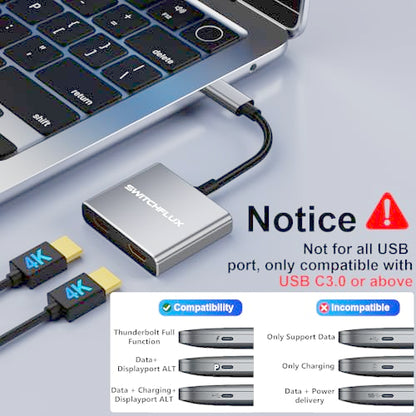 USB C to Dual HDMI Adapter, 4K@60Hz Dual Monitor Adapter for Extended & Mirror Display, HDMI Splitter Compatible with MacBook Pro/Air, Dell, HP, and Lenovo laptops - size: 6.2inch