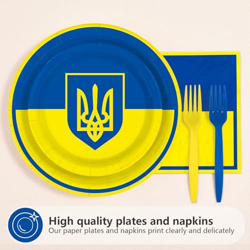 96 Pcs Ukraine Flag Themed Ukrainian Party Decorations Serves 24 | Ukrainian Paper Plates and Napkins Ukraine Themed Tableware Set for Soccer Events Country Decoration Sports Party Supplies, - style: Ukraine Themed Plates m
