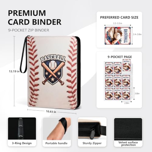Baseball Card Binder, 9 Pocket Trading Card Zip Binder Holds 1080 Cards | Logo-free design,top-loading pages,removable double-sided pockets,waterproof cover,soft lnner lining. - color: Baseball, size: 9 Pocket 1080