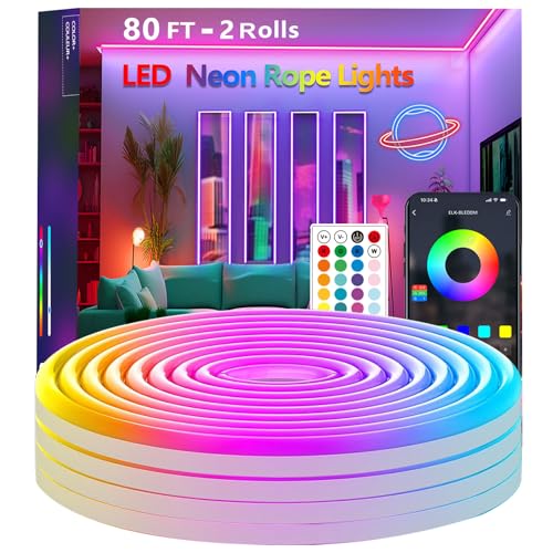 80FT Neon Rope Lights,Flexible Led Light Control with App/Remote,Multiple Modes,IP65 Outdoor Waterproof,Music Sync Strip for Bedroom - size: 80FT Led Rope Lights