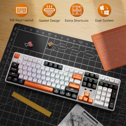 Redragon K689 PRO Wireless 108-Key Gasket RGB Gaming Keyboard, 4 Hotkeys | Extra Shortcut Keys, 0-Delay Tri-Mode, Cushioned Noise Dampening for Creamy Thocky Sound, Unfaded PBT Keycaps, PRO Software - color: Black Tangerine