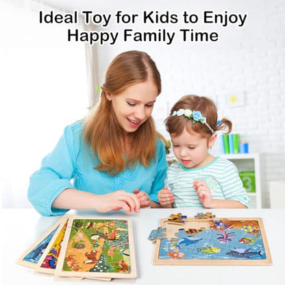 Puzzles for Kids Ages 4-6, 4 Packs 24 Pcs Wooden Puzzles for Kids | Thickened Animal Jigsaw Puzzles, Kids Puzzles Ages 3-5, Preschool Educational Learning Toys for Boys and Girls 3-8 Years Old
