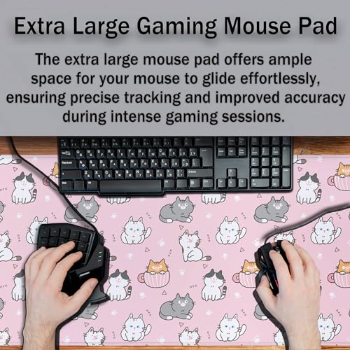 Gaming Mouse Pad Pink, Large Mousepads Computer Desk Mat, XXL Mouse Pad Gaming Non-Slip Rubber Base Waterproof with Stitched Edges, 35.4 X 15.7 inch for Work/Game/Office/Home Cartoon Cat - color: Cartoon Cat Design Pink