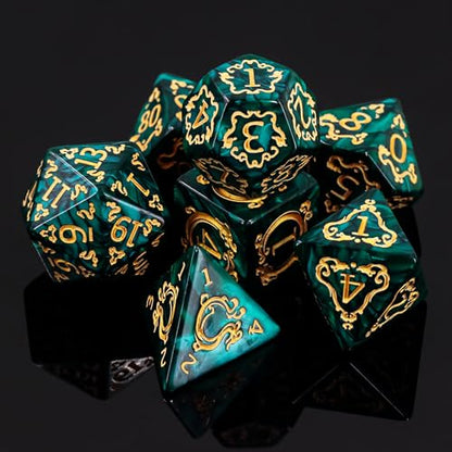 DND Dice Set - 7 Polyhedral Role Playing Dice with Gold Dragon Design, Acrylic D&D Dice Perfect for Dungeons and Dragons, Pathfinder, Warhammer, RPG Games (Green) - color: Gold Dragon-green