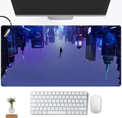Anime Desk Mat XXL Gaming Mouse Pad, Extended Keyboard Mat, Full Desk Accessories, 31.5"x15.75" - color: Blue-purple City