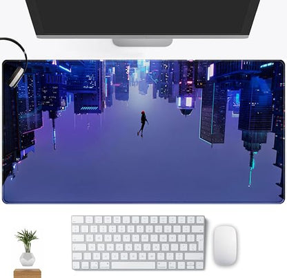 Anime Desk Mat XXL Gaming Mouse Pad, Extended Keyboard Mat, Full Desk Accessories, 31.5"x15.75" - color: Blue-purple City