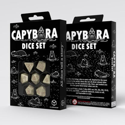 Q-Workshop Capybara Ornamented Dice Set Sleepie, Ages 14+ | RPG dice - 7 Piece Polyhedral Dice Set with Red Engraved Numbers, Cream Glitter Resin for DnD, Pathfinder & Tabletop