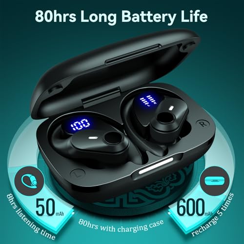 Active Noise Cancelling Ear Buds Wireless Earbuds 80H Playtime Bluetooth Headphones with LED Display Case, Hi-Res Audio Clear Calls Earphones with Over Ear Hooks for Running Gym Workout Travel Black - color: Black