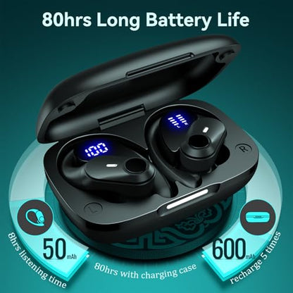 Active Noise Cancelling Ear Buds Wireless Earbuds 80H Playtime Bluetooth Headphones with LED Display Case, Hi-Res Audio Clear Calls Earphones with Over Ear Hooks for Running Gym Workout Travel Black - color: Black