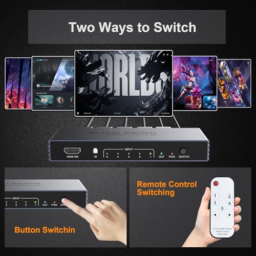 HDMI Switch 5 in 1 Out, 8K@60Hz 4K@240Hz HDMI 2.1 Splitter, 48Gbps Ultra HDMI Switcher with Remote, Supports 3D/HDR10+/HDCP2.3, Compatible with PS5/4 Xbox Nintendo Switch Apple TV Roku Fire Stick
