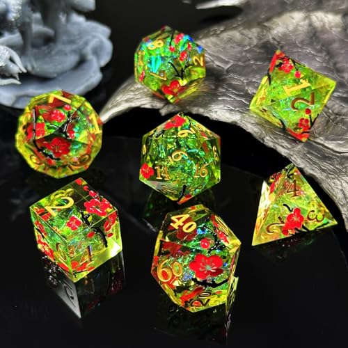 HAOMEJA Resin Flower Dice Set 7pcs/ Sharp Edged Polyhedral Dice/Apply to D&D/DND/RPG-MTG/Role Playing Table Game/Easter/Halloween Party Gift (Yellow Green & Gold Numbers) - color: 7 Yellow Green & Gold Numbers