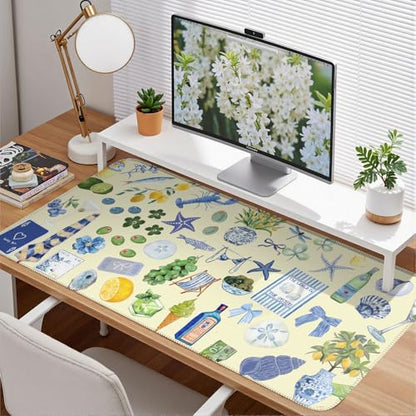 Cute Pastel Coastal Desk Mat with Vibrant Sea Life Beige Large Mouse Pad Cozy Aesthetic XXL Mouse Pad Anti-Slip Big Mousepad with Stitched Edges for Computer Desktop - color: A5- Italian Seaside