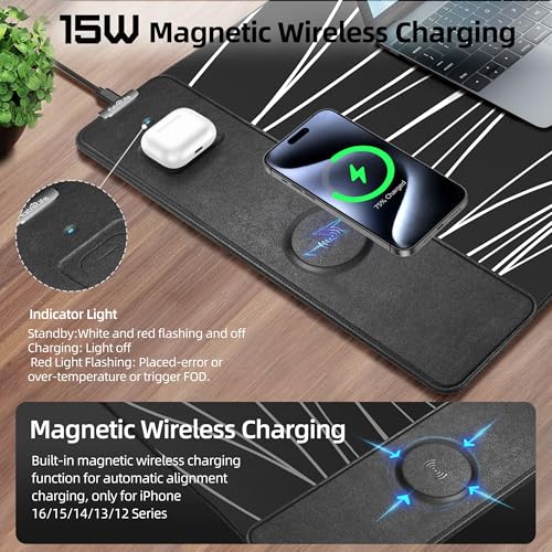 Mouse Pad with Magnetic Wireless Charging, 31.5"x15.8" XXL Desk Mat | Gaming Mousepad Ultra-Smooth Surface, Non-Slip Rubber Base, Waterproof Computer Keyboard Pad for Desk, Office, Black and Line - color: Black and Line - 31.5"x15.7"