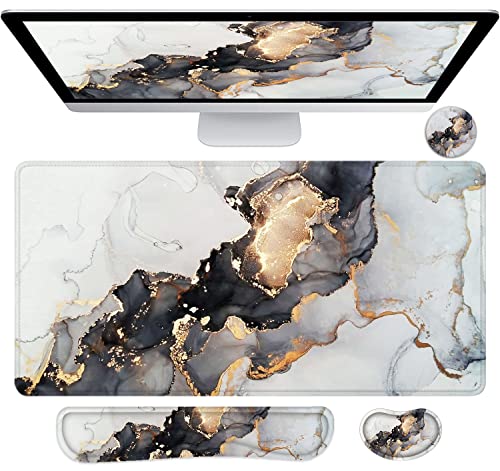 Lateefah Large Mouse Pad and Keyboard Wrist Rest, Desk Pad for Keyboard and Mouse, Extended Gaming Mouse Pad with Wrist Support, Waterproof Non-Slip Desk Mouse Mat for Office, Home - color: 4Pcs-Black & Grey Marble