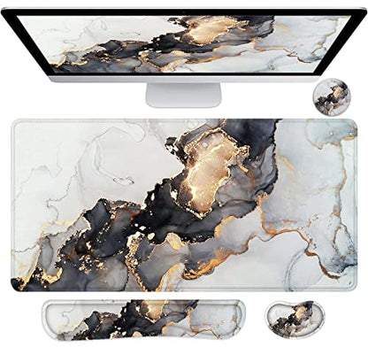 Lateefah Large Mouse Pad and Keyboard Wrist Rest, Desk Pad for Keyboard and Mouse, Extended Gaming Mouse Pad with Wrist Support, Waterproof Non-Slip Desk Mouse Mat for Office, Home - color: 4Pcs-Black & Grey Marble