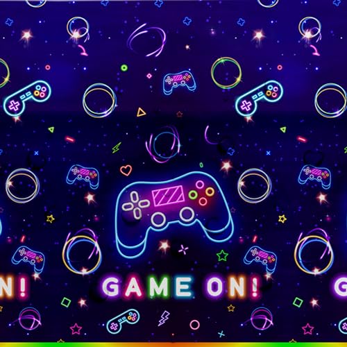 Video Game Party Tablecloth Decorations, Neon Glow Theme, 3 Pack | Disposable Neon Glow Level Up Game On Birthday Party Supplies Table Cover, 54in x 108in