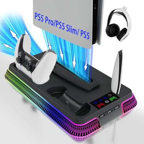 PS 5 Cooling Station, PS5/Slim/Pro Stand with Dual Charging Station for PlayStation5PRO, PS 5 Accessories Kits, Vertical Stand with 3 Levels Cooling Fan, Headset Holder for PlayStation5Digital/Disc - color: Piano-Black