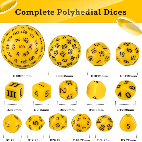 Civaner 15 Pcs Complete Polyhedral Dice Set D3-D100 Spherical RPG Dice Set in Opaque Black, 100 Sides for Role Playing Table Games Party Supplies(Yellow and Black) - color: Yellow and Black