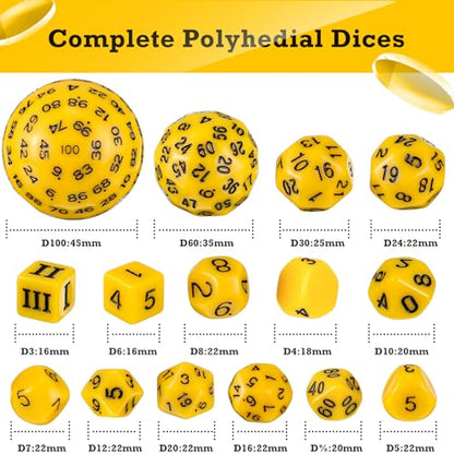 Civaner 15 Pcs Complete Polyhedral Dice Set D3-D100 Spherical RPG Dice Set in Opaque Black, 100 Sides for Role Playing Table Games Party Supplies(Yellow and Black) - color: Yellow and Black