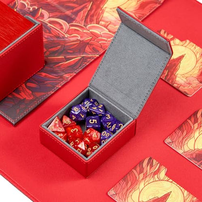 Card Deck Box For MTG Commander, Fits 100 Double-Sleeved Cards, Premium Leather, TCG Deck Box For Magic EDH, Magnetic Case with 3 Dividers & Dice Storage Box (Burning Mountain) - color: Burning Mountain, style: Deluxe