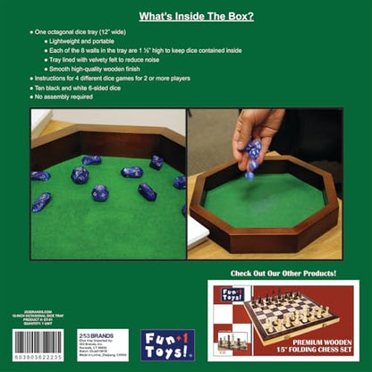 Fun+1 Toys! 11.75-Inch Octagonal Wooden Dice Tray - Dice Included