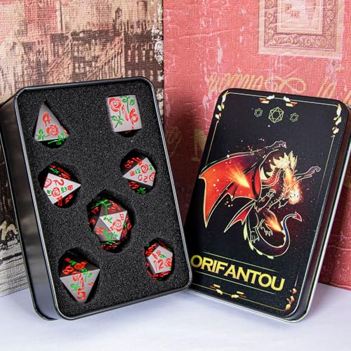 Gothic DND Dice Set Bleeding Rose Metal D and D Dice for use with Dungeons Dragons D&D Role Playing Game, Red RPG Blood Polyhedral Dice Set D20 D12 D10 D8 D6 D4 - color: Red&black&red Numbers