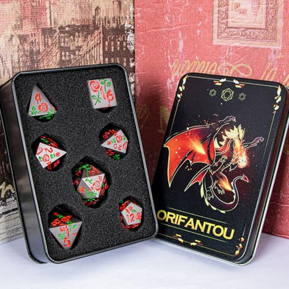 Gothic DND Dice Set Bleeding Rose Metal D and D Dice for use with Dungeons Dragons D&D Role Playing Game, Red RPG Blood Polyhedral Dice Set D20 D12 D10 D8 D6 D4 - color: Red&black&red Numbers