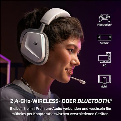 Corsair Void v2 Wireless Gaming Headset with Bluetooth for PC, PS5, PS4, Switch, Mobile – Dolby Atmos, 70 Hr Battery, Dual Wireless, Lightweight, Fast Charging – White | For PC, PS5, PS4, Switch & Mobile ,Dolby Atmos, 70 Hours Battery Life, Double Wireles