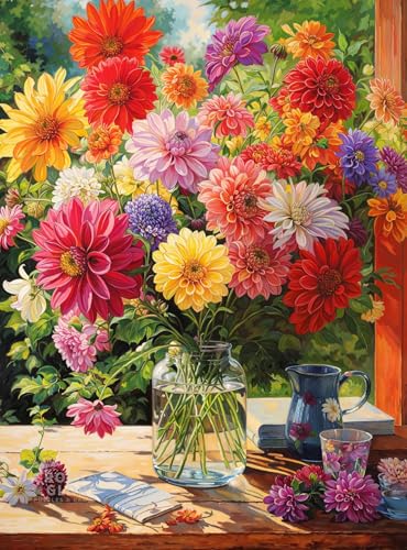 Cross & Glory - Rainbow Dahlia Delight - 1000 Piece Jigsaw Puzzle for Adults | Vibrant Flower Collection | Satin Finish | Challenging & Colorful Art - color: Rainbow Dahlia Delight