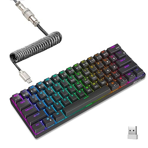 RK ROYAL KLUDGE RK61 60% Mechanical Keyboard with Coiled Cable, 2.4Ghz/Bluetooth/Wired, Wireless Bluetooth Mini Keyboard 61 Keys, RGB Hot Swappable Blue Switch Gaming Keyboard with Software - Black - color: Black, size: Hot-swappable Blue Switch