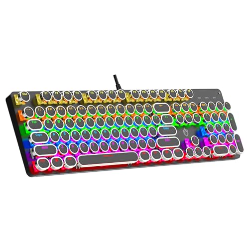 Typewriter Mechanical Gaming Keyboard with RGB Backlit Red Switches, 104 Keys Retro Round Keycap, Wired Typewriter Style Comfortable Typing Soud (L-Black) - color: L-Black