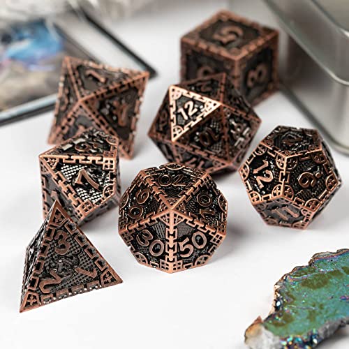 UDIXI Metal Dice Set Polyhedral DND Dice Set for Role Playing Game (Copper) | 7-Pieces, Dragon Carved, Chain-edge Design, Metal Gift Box, DM Gift, for Dungeons and Dragons Games Tabletop Games - color: Chain Frame-antique Copper