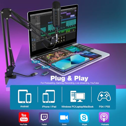 ZealSound Podcast Microphone with Boom Arm, USB Mic with Noise Reduction, Mute, Echo & Volume Control, Zero-Latency Monitoring, Compatible with PC Mac iPhone & Android, for Podcasting Gaming YouTube - color: Black