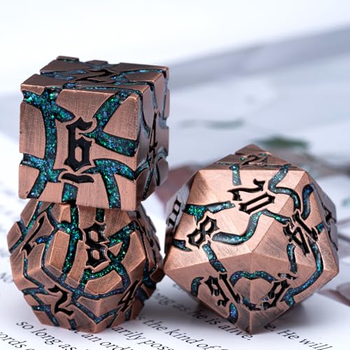 Cracked Rune Metal Dice Set for DND & RPG – Dark Fantasy Fractured Design, Premium Heavy Metal Polyhedral Dice with Deep Engraved Numbers, 7-Piece Set – Green Mystic Vein - color: Antique Copper Green