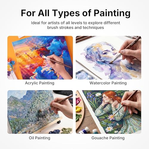 Nicpro 30pcs Paint Brush Set, Professional Acrylic Paint Brushes with Paint Spatula and Cloth Roll, Paintbrushes for Acrylic Painting, Oil, Watercolor, Gouache, Art Supplies for Artists and Beginners - color: Wood